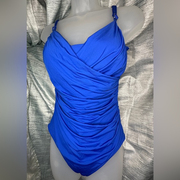 Jantzen Blue Classic Surplice Draped V-Neck One Piece Tummy Control Swimsuit ~14 - Picture 2 of 12